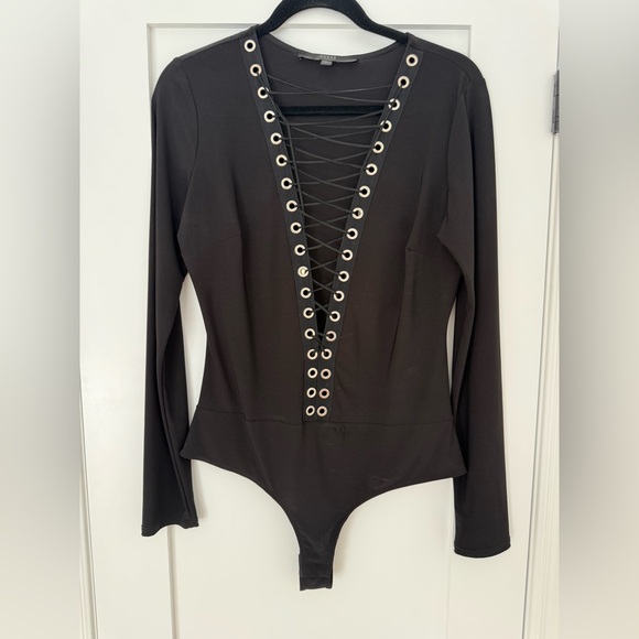 GUESS Lace-Up Grommet Bodysuit Black | Corset Style Deep V Sexy Top - Picture 3 of 4